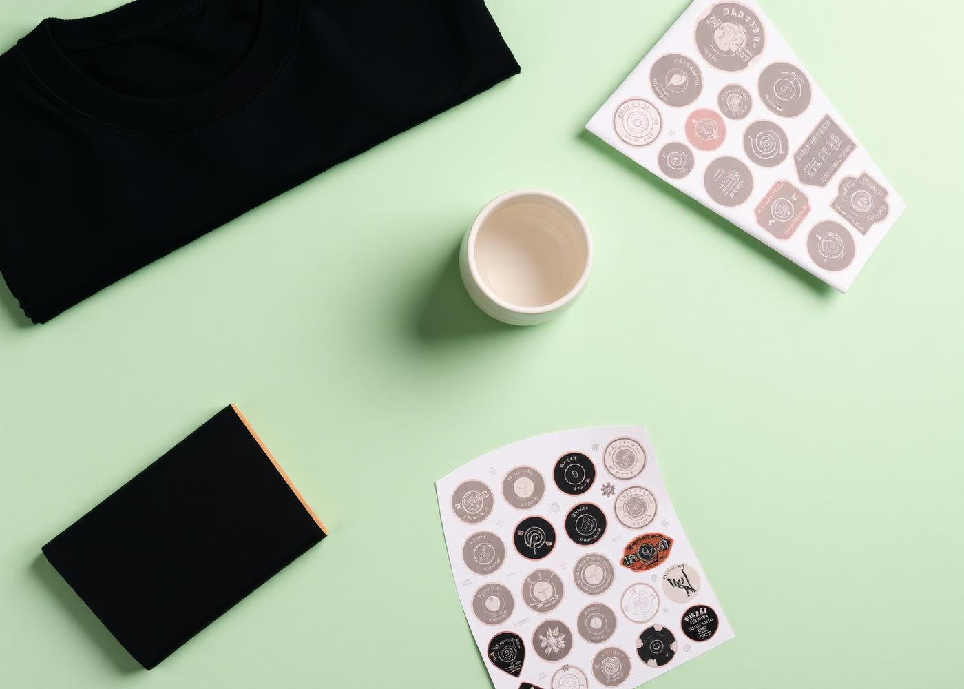 Black t-shirt, mug and sticker sheets laid out on a green background